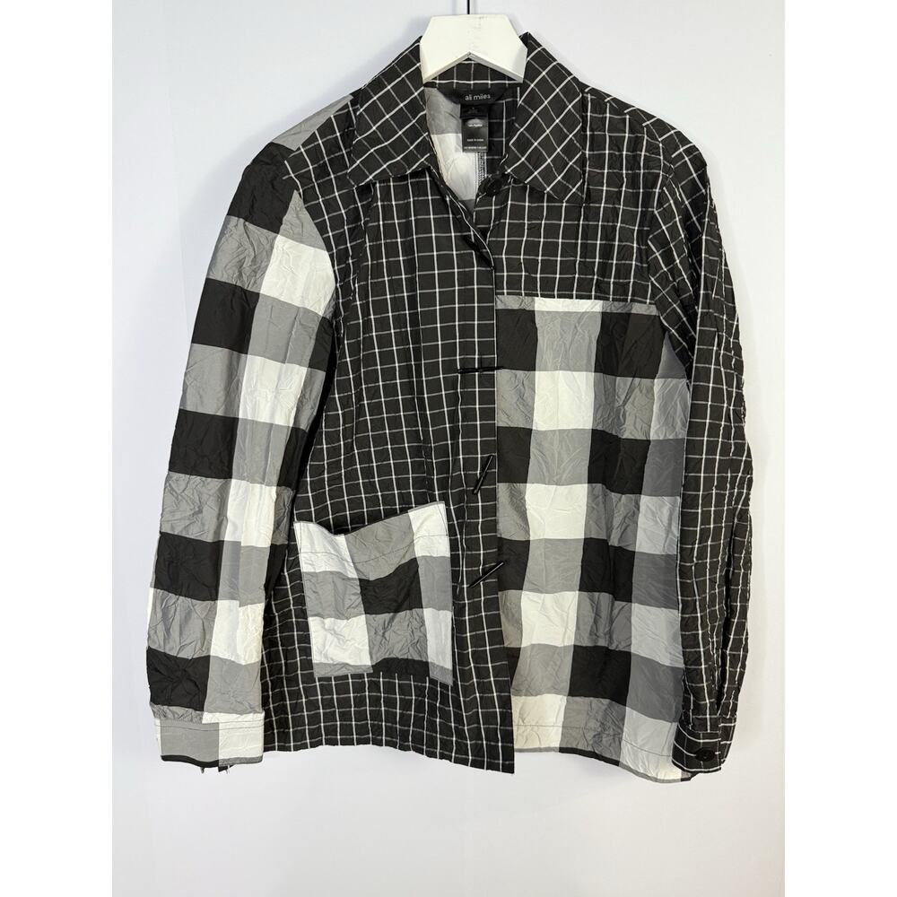 Ali Miles Women's Jacket Top Sz S Black White Crinkle Abstract Mixed Plaid Artsy